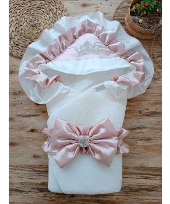Yenidoğan Mehtap Lüks Kelebek Taç Nakışlı Bebek Battaniyesi Kundak Gül Kurusu