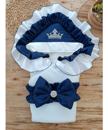 Yenidoğan Mehtap Lüks Kelebek Taç Nakışlı Bebek Battaniyesi Kundak Lacivert