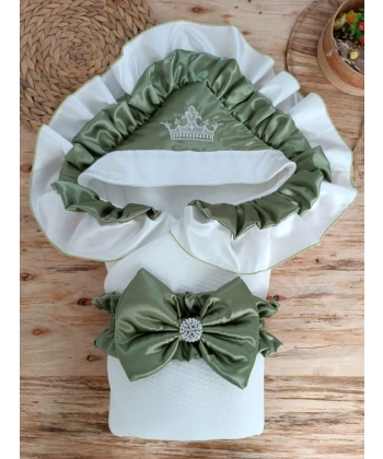 Yenidoğan Mehtap Lüks Kelebek Taç Nakışlı Bebek Battaniyesi Kundak Yeşil