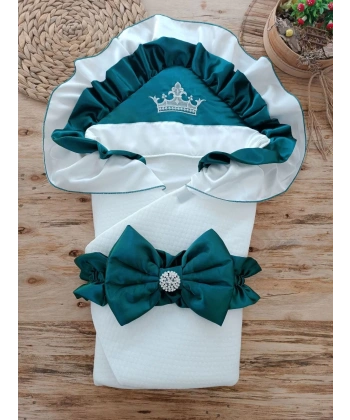 Yenidoğan Mehtap Lüks Kelebek Taç Nakışlı Bebek Battaniyesi Kundak Zümrüt Yeşili