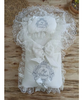 Yenidoğan Nil Taç Nakışlı Hayal Güpürlü Trilüks Kundak Bebek Battaniyesi 3lü Alt Açma Seti Gri