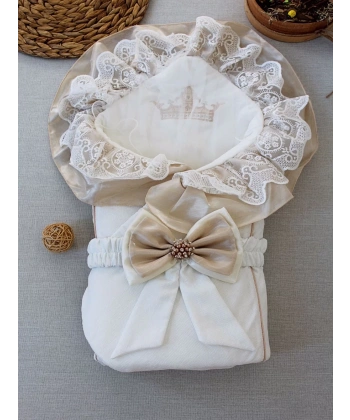 Yenidoğan Nil Taç Nakışlı Kumru Kundak Bebek Battaniyesi Sütlü Kahve