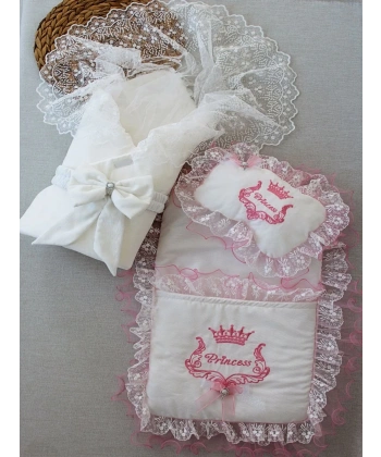 Yenidoğan Nil Taç Nakışlı Kundaklı Trilüks 3lü Alt Açma Seti Fuşya