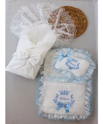 Yenidoğan Nil Taç Nakışlı Kundaklı Trilüks 3lü Alt Açma Seti Mavi