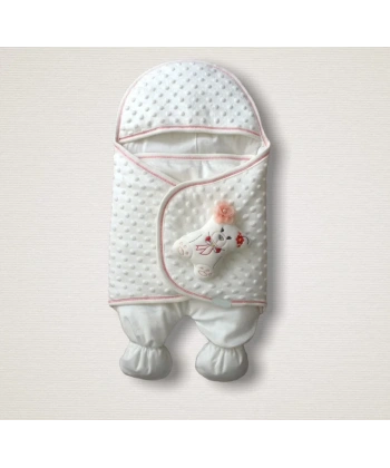 Yenidoğan Oyuncaklı Topçikli Kız Erkek Bebek Ayaklı Kundak Bebek Battaniyesi Ekru