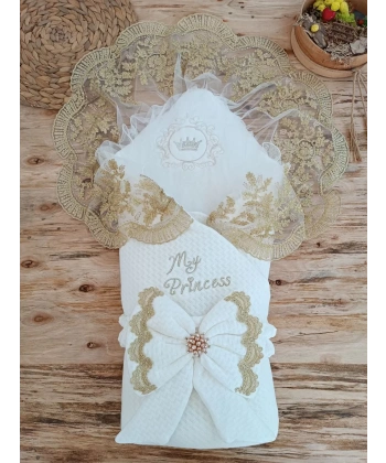 Yenidoğan Pamuk Taç Benim Prensesim Nakışlı Trilüks Kundak Bebek Battaniyesi Ekru