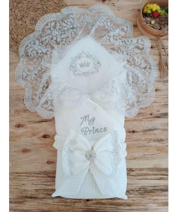 Yenidoğan Pamuk Taç Benim Prensim Nakışlı Trilüks Kundak Bebek Battaniyesi Ekru