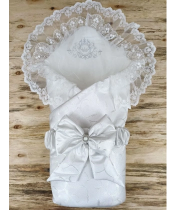Yenidoğan Pırıltı Taç Nakışlı İnci Delüks Kundak Bebek Battaniyesi Ekru