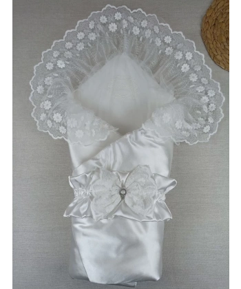 Yenidoğan Pırıltı Taç Nakışlı Trilüks Kundak Bebek Battaniyesi Ekru