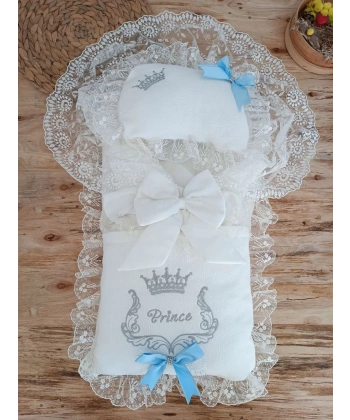 Yenidoğan Sahra Benim Prensim Nakışlı Kundaklı Trilüks Erkek 3lü Alt Açma Seti Mavi