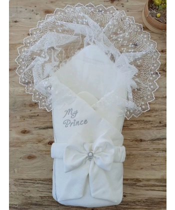 Yenidoğan Sahra My Prince Nakışlı Lüks Kundak Bebek Battaniyesi Ekru