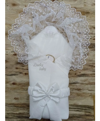 Yenidoğan Sahra Taç Lucky Baby Nakışlı Kumru Kundak Bebek Battaniyesi Ekru
