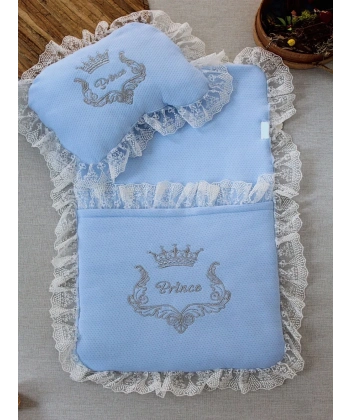 Yenidoğan Sahra Taç Nakışlı Trilüks 2li Alt Açma Seti Mavi