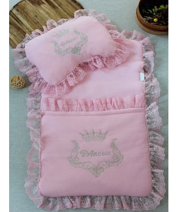 Yenidoğan Sahra Taç Nakışlı Trilüks 2li Alt Açma Seti Pembe