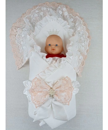 Yenidoğan Sahra Taç Nakışlı Trilüks Kundak Bebek Battaniyesi Ekru