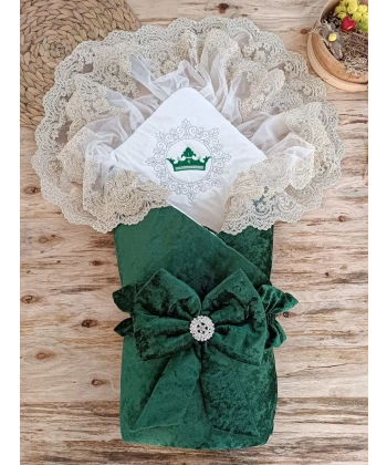 Yenidoğan Saray Kadife Taç Nakışlı İnci Fiyonklu Çift Dantel Duvak Trilüks Kundak Bebek Battaniyesi Yeşil