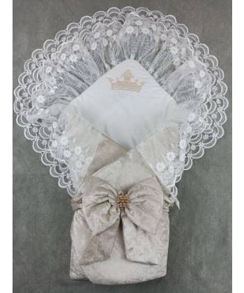 Yenidoğan Saray Kadife Taç Nakışlı İnci Fiyonklu Çift Dantel Duvak Trilüks Kundak Bebek Battaniyesi Vizon-ekru