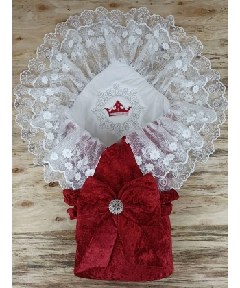 Yenidoğan Saray Kadife Taç Nakışlı İnci Fiyonklu Çift Dantel Duvak Trilüks Kundak Bebek Battaniyesi Bordo