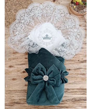 Yenidoğan Saray Kadife Taç Nakışlı İnci Fiyonklu Dantel Duvak Trilüks Kundak Bebek Battaniye Yeşil