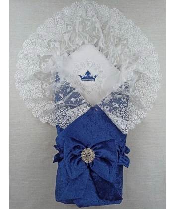 Yenidoğan Saray Kadife Taç Nakışlı İnci Fiyonklu Dantel Duvak Trilüks Kundak Bebek Battaniye Lacivert