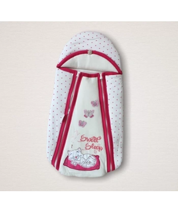 Yenidoğan Sevimli Uykucu Kedi Nakışlı Şapkalı Çift Fermuarlı Kız Bebek Kundak Bebek Battaniyesi Pembe