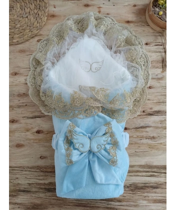 Yenidoğan Soft Kumru Melek Kanat Fiyonklu Gold Çift Dantel Duvaklı Trilüks Kundak Bebek Battaniyesi Mavi