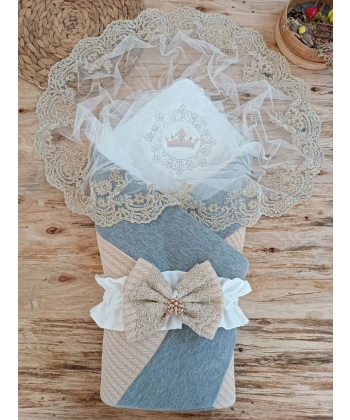 Yenidoğan Teri Cotton Taç Nakışlı Prizma Taş Kundak Bebek Battaniyesi Bej