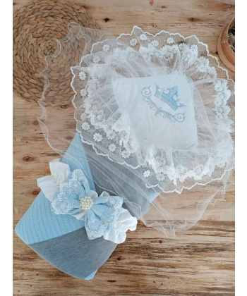 Yenidoğan Teri Cotton Taç Nakışlı Prizma Taş Kundak Bebek Battaniyesi Mavi