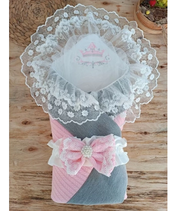 Yenidoğan Teri Cotton Taç Nakışlı Prizma Taş Kundak Bebek Battaniyesi Pembe