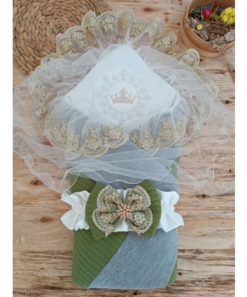 Yenidoğan Teri Cotton Taç Nakışlı Prizma Taş Kundak Bebek Battaniyesi Yeşil