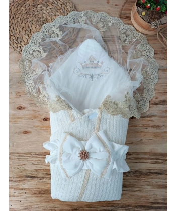 Yenidoğan Tericotton Örgülü Trilüx Bebek Battaniyesi Kundak Ekru