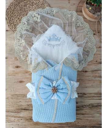 Yenidoğan Tericotton Örgülü Trilüx Bebek Battaniyesi Kundak Mavi