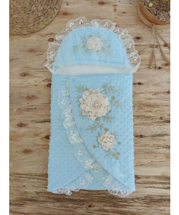 Yenidoğan Topçikli Gül Bahçesi Tül Örtülü Kız Erkek Bebek Klasik Kundak Bebek Battaniyesi Mavi