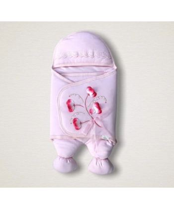 Yenidoğan Yapay Çiçek İşlemeli Şapkalı Lüks Kız Bebek Ayaklı Kundak Bebek Battaniyesi Pembe