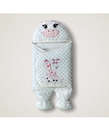 Yenidoğan Zürafa Nakışlı Şapkalı Kız Erkek Bebek Ayaklı Kundak Bebek Battaniyesi Pembe