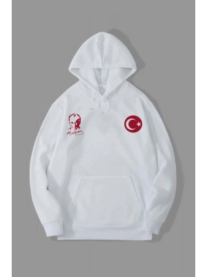 10 Kasıma Özel Üç İplik Kapüşonlu Baskılı SweatShirt - Beyaz -