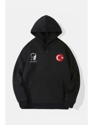 10 Kasıma Özel Üç İplik Kapüşonlu Baskılı SweatShirt - Siyah -