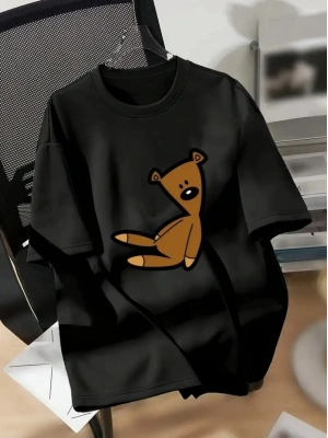 20/1 Penye Compack Ayı Baskılı Oversize Bisiklet Yaka Kısa Kol T-shirt - Siyah -