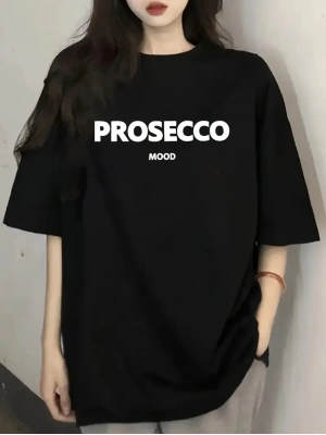 20/1 Penye Compack Baskılı Oversize Kısa Kol Bisiklet Yaka T-shirt - Siyah -