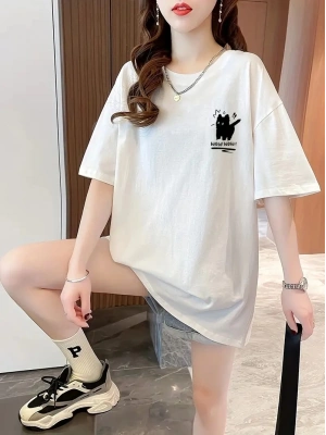 20/1 Penye Compack Tatlı Kedi Baskılı Oversize Bisiklet Yaka T-shirt - Beyaz -