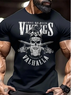 20/1 Penye Compack Vikings Valhalla Baskılı Oversize Bisiklet Yaka T-shirt - Siyah -