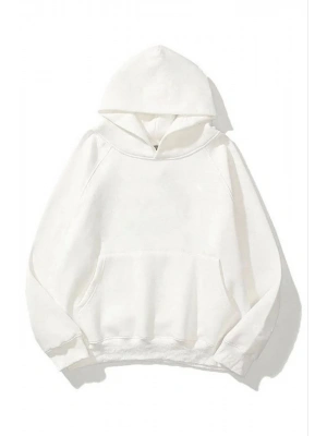3 İplik Pamuklu   Kapşonlu Sweetshirt - Beyaz -