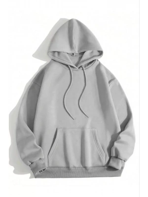3 İplik Pamuklu   Kapşonlu Sweetshirt - Gri -
