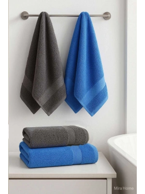 4 Parça Banyo Havlu Takımı %100 Pamuklu Dry Antrasit Mavi