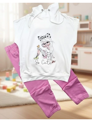 3-4-5 Yaş Kapşonlu Sevimli Kız Baskılı Kısa Kolu 2li Kız Erkek Çocuk Takımı Pembe