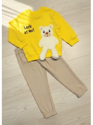 2-3-4 Yaş Ayıcık Sallanan Ayak Desenli Likra Penye Kumaş Sweat Pantolonlu Kız Erkek 2li Çocuk Takımı Sarı