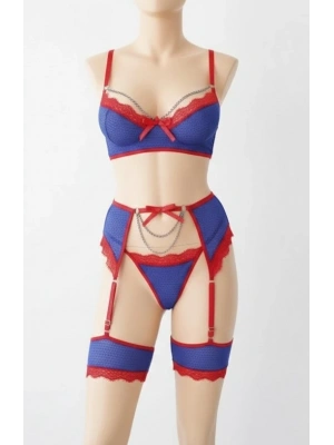 Bicomi Mavi Kırmızı Zincir Detaylı Fantezi Sütyen Külot Jartiyer Takım