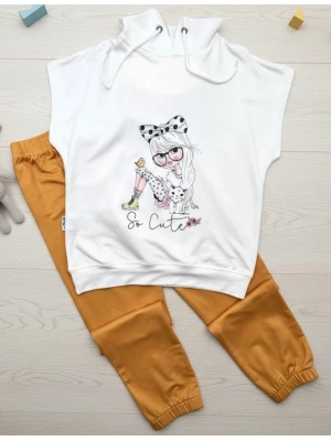 3-4-5 Yaş Kapşonlu Sevimli Kız Baskılı Kısa Kolu 2li Kız Erkek Çocuk Takımı Hardal