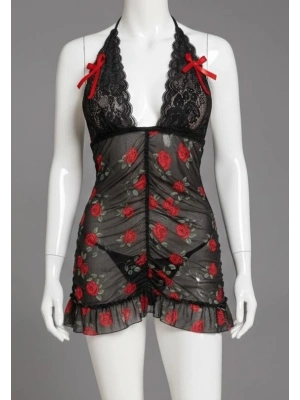 Bicomi Siyah Dantel İşlemeli Gül Desenli Mini Fantezi Gecelik