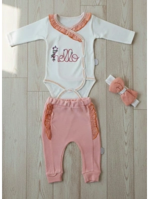 3-6 6-9 9-12 Ay Hello Nakışlı Kruvaze Bandanalı Uzun Kollu Zıbınlı 3lü Kız Bebek Takımı Somon